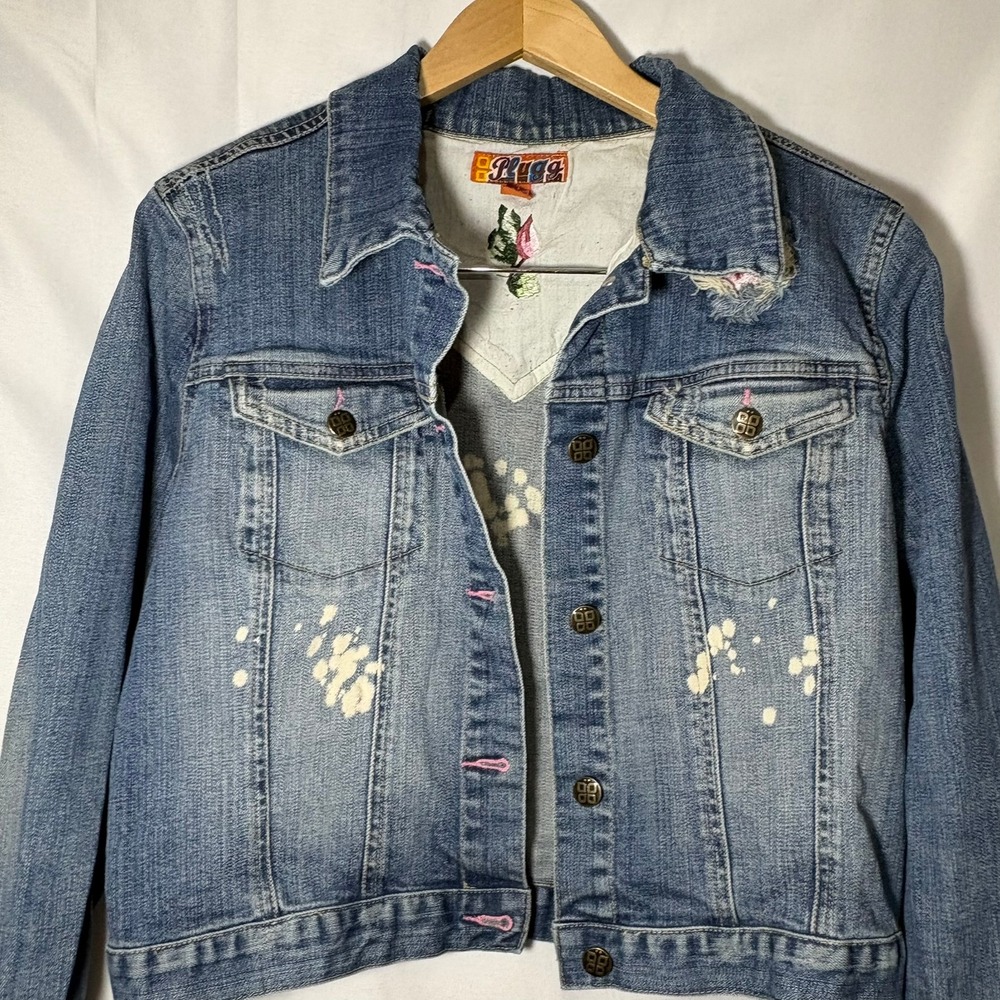 Vintage‎ Plugg Denim Jacket Womens Blue Distressed Bleach Floral Y2K Trucker - Picture 10 of 10